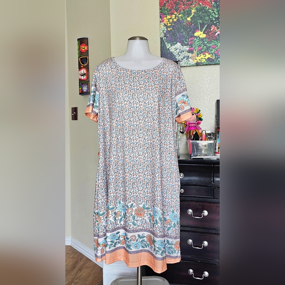 Floral Print Dress with Orange Accents - 2XL